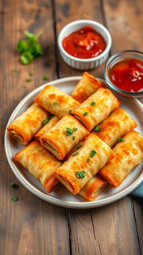 Crispy lasagna egg rolls on a plate with marinara sauce, garnished with parsley.